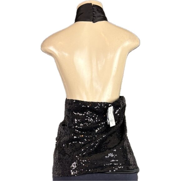 New York & Co. +4X Black Sequin Lined High Satin Neck Open Back Halter Blouse - Picture 4 of 6